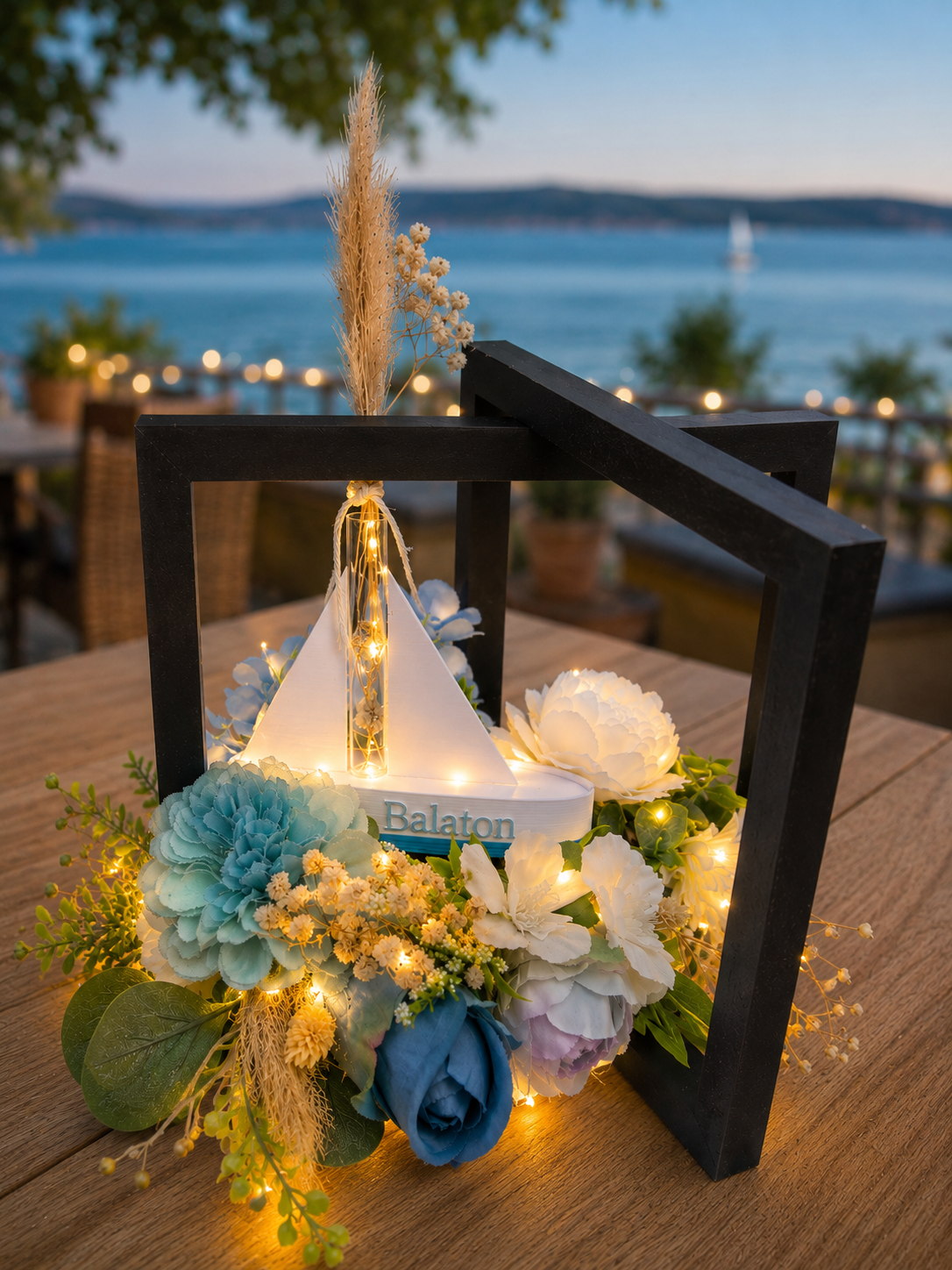 Balaton asztali dísz LED fényfüzérrel – esti hangulat